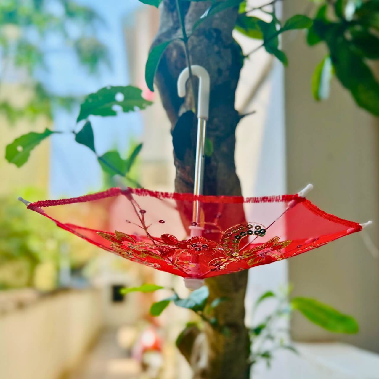 Handwoven Mesh Umbrella with Applique Work - Baby Size (Red) - Taalapatra Vibes