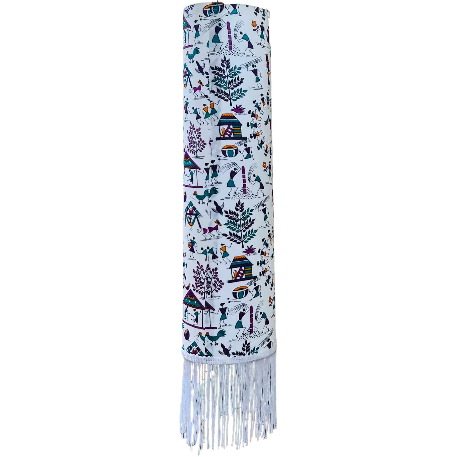 Fabric Wrapped Cylindrical Hanging Lamp - Tribal Art (Bade Miyan) - Taalapatra Vibes
