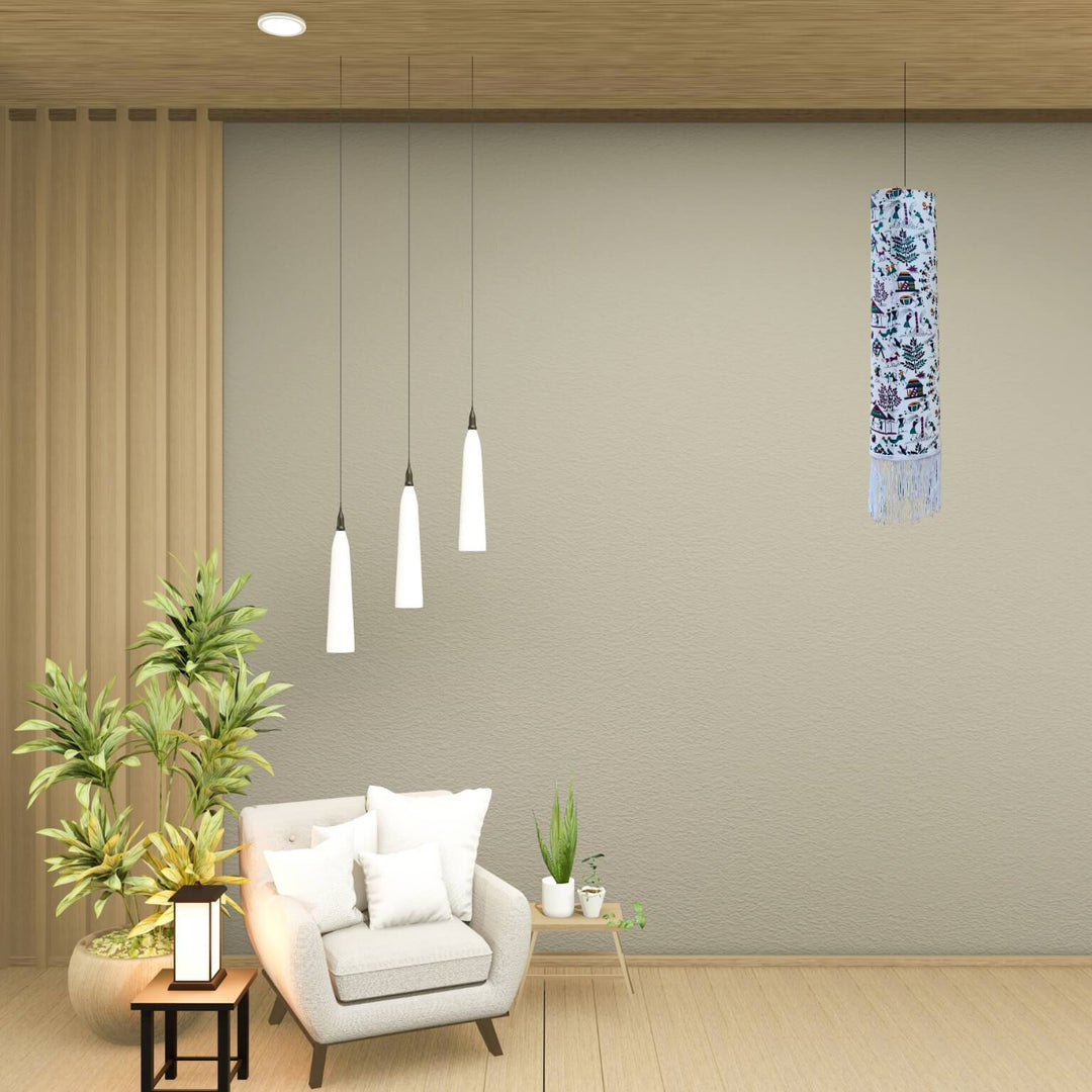 Fabric Wrapped Cylindrical Hanging Lamp - Tribal Art (Bade Miyan) - Taalapatra