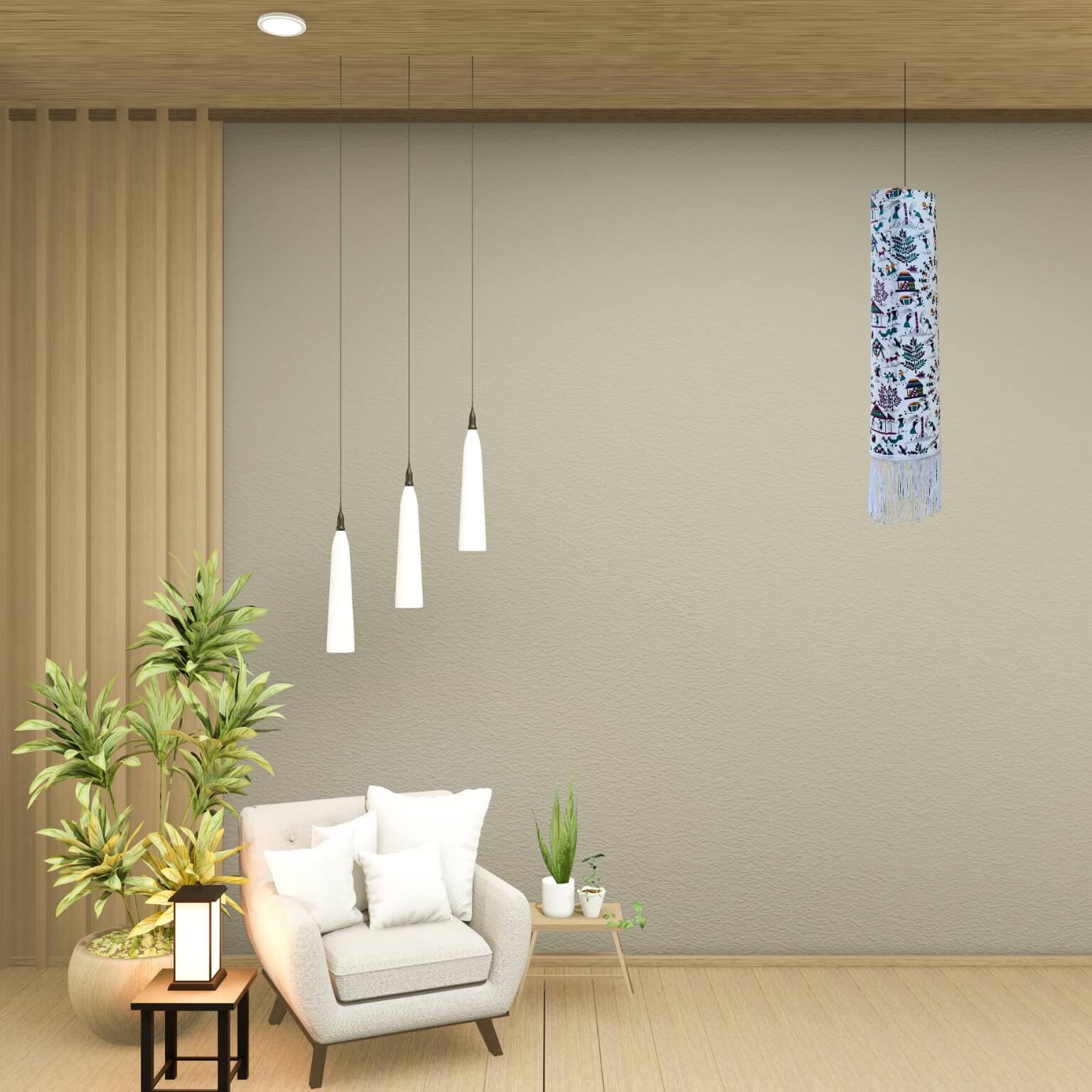 Fabric Wrapped Cylindrical Hanging Lamp - Tribal Art (Bade Miyan) - Taalapatra Vibes