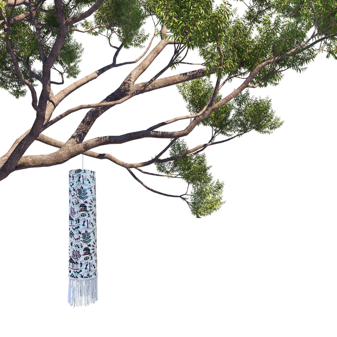Fabric Wrapped Cylindrical Hanging Lamp - Tribal Art (Bade Miyan) - Taalapatra