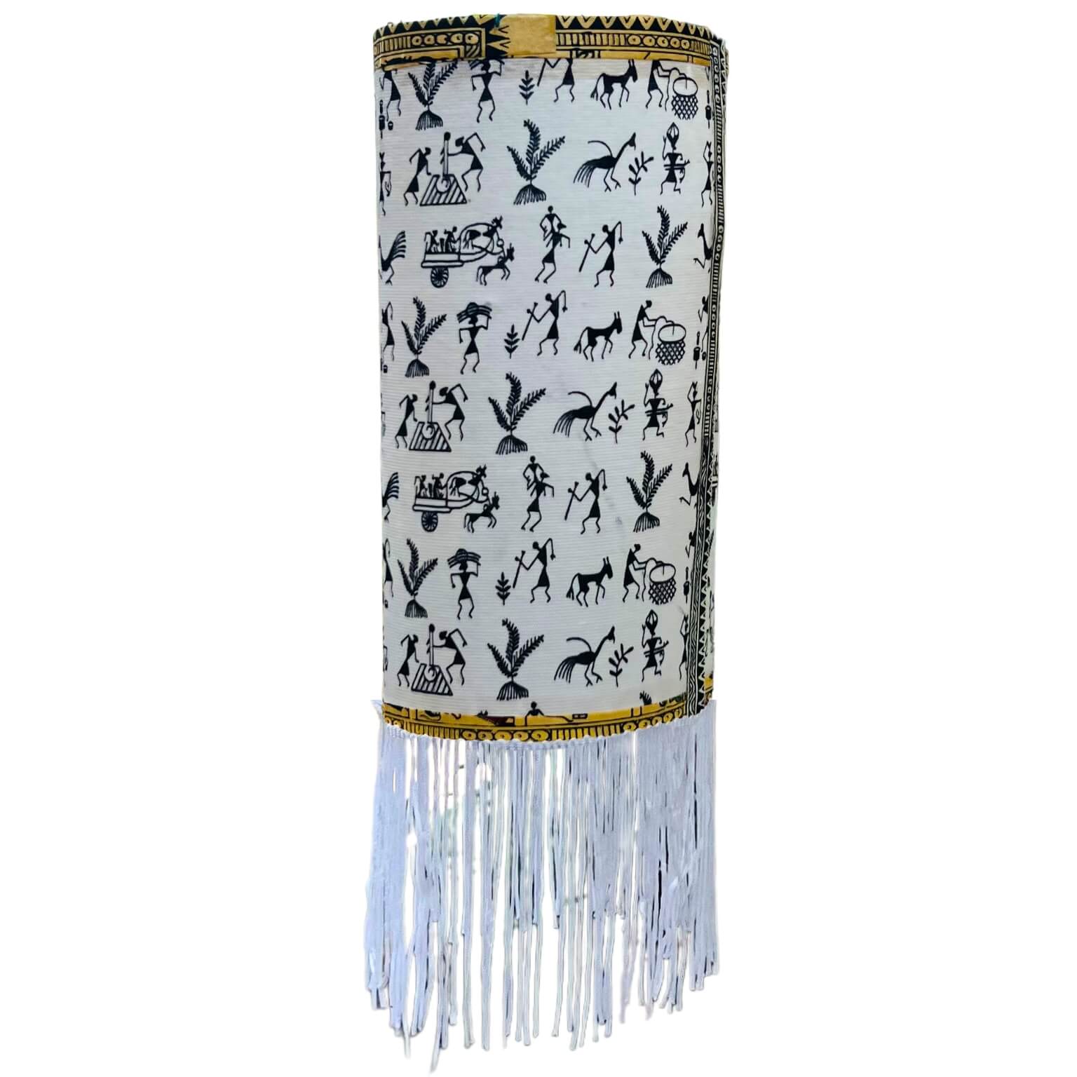 Fabric Wrapped Cylindrical Hanging Lamp - Tribal Art (Chhote Miyan) - Taalapatra Vibes