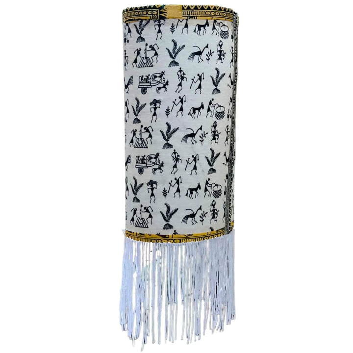 Fabric Wrapped Cylindrical Hanging Lamp - Tribal Art (Chhote Miyan) - Taalapatra