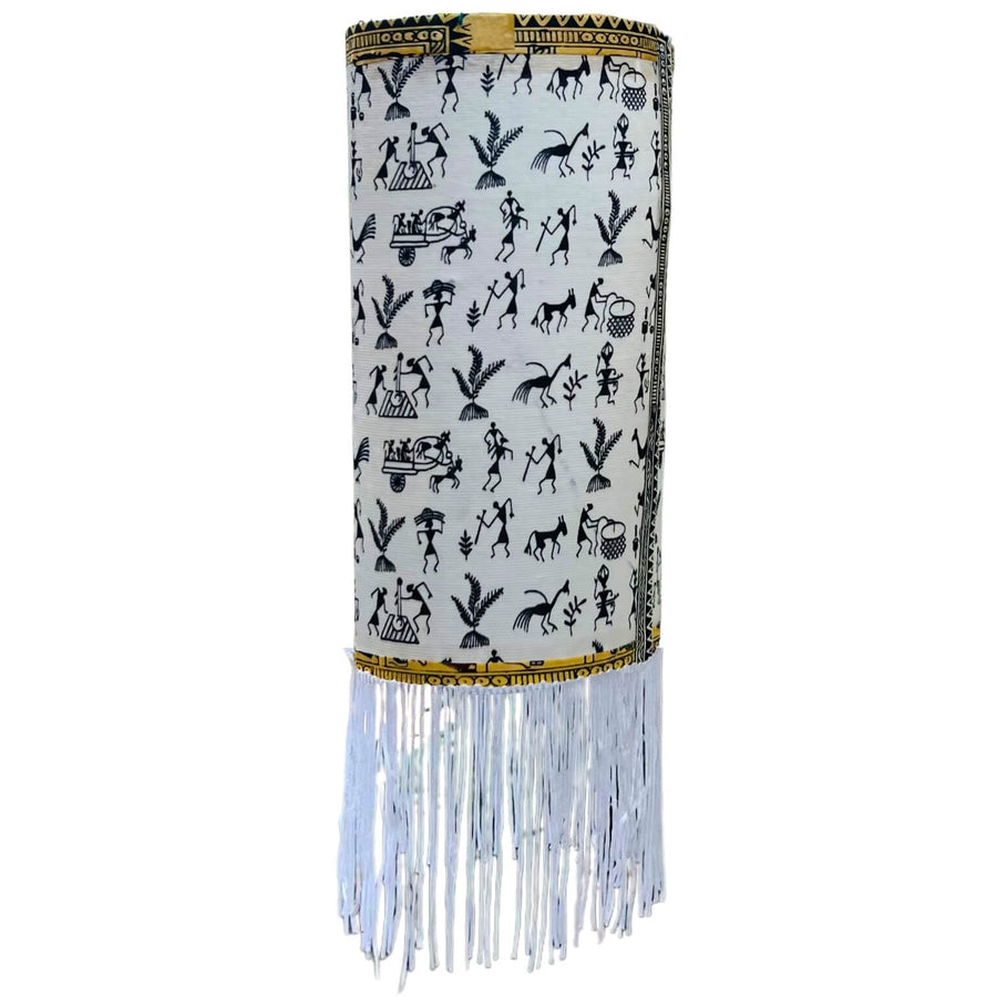 Fabric Wrapped Cylindrical Hanging Lamp - Tribal Art (Chhote Miyan) - Taalapatra