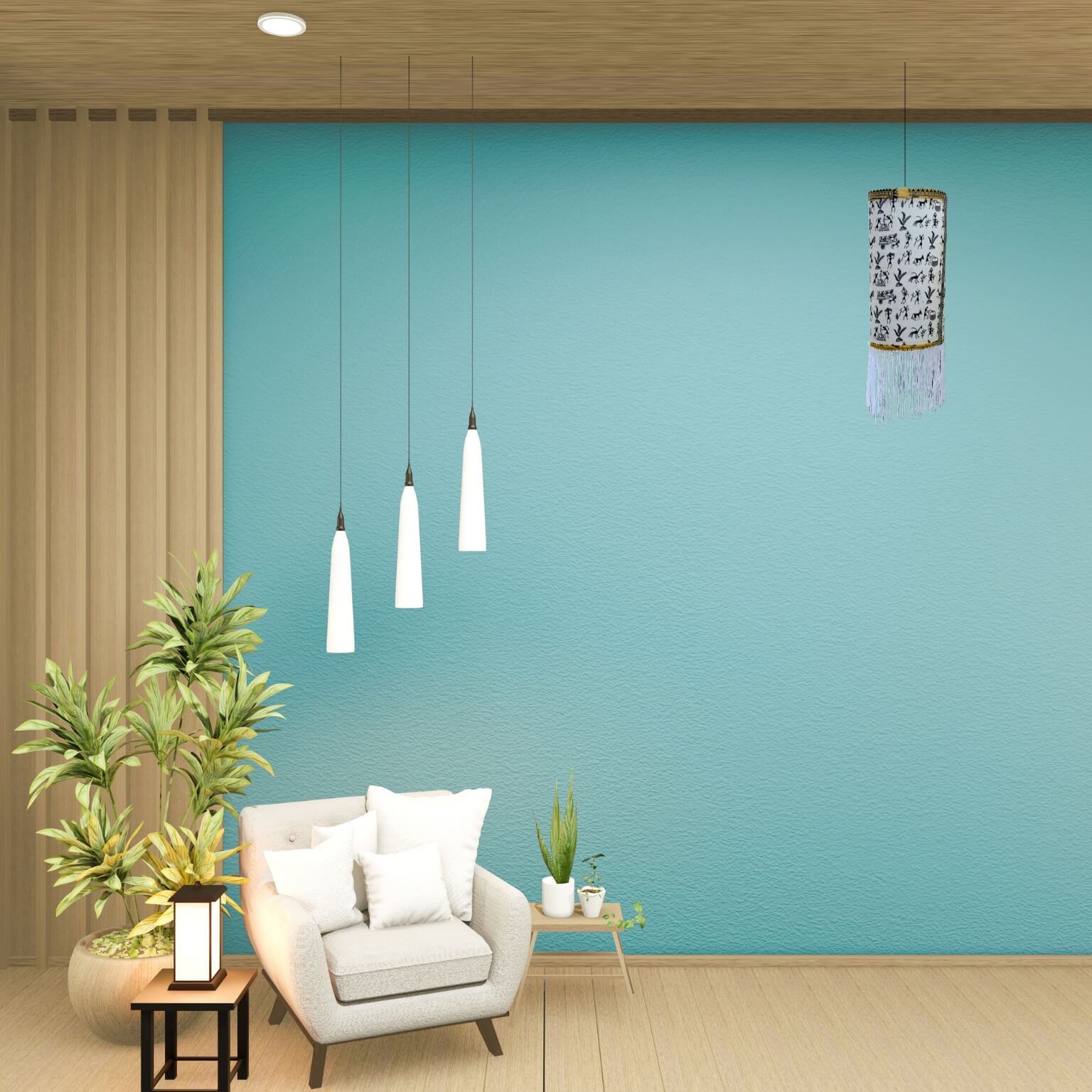Fabric Wrapped Cylindrical Hanging Lamp - Tribal Art (Chhote Miyan) - Taalapatra Vibes