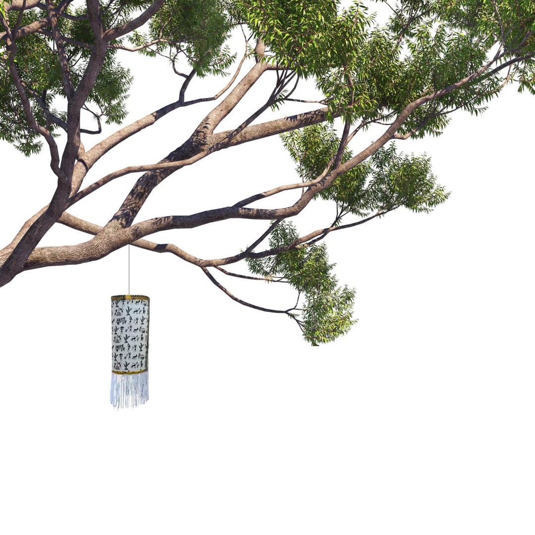 Fabric Wrapped Cylindrical Hanging Lamp - Tribal Art (Chhote Miyan) - Taalapatra