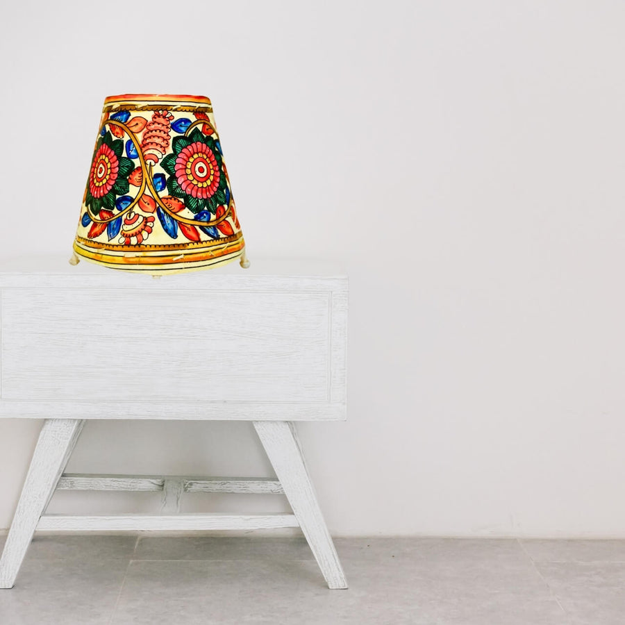 Pattachitra Art | Hand Painted Fabric Table Lamp - Round Base (Floral Design) - Taalapatra