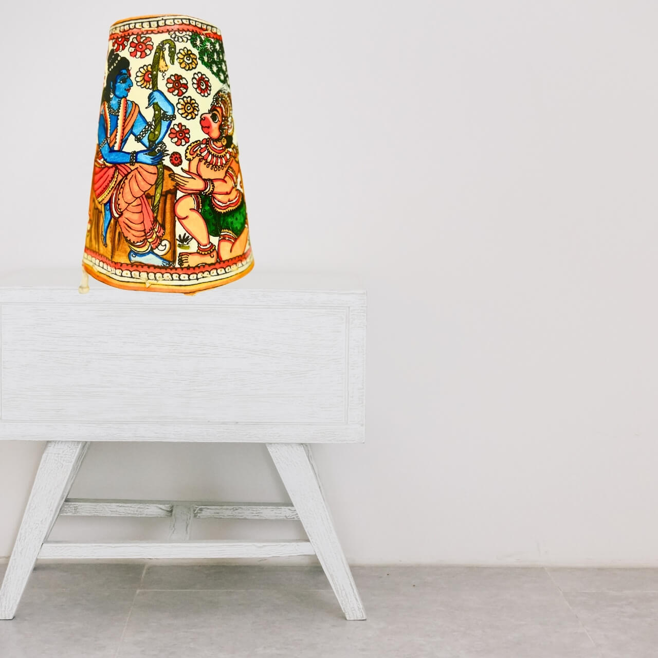Pattachitra Art | Hand Painted Fabric Table Lamp - Round Base (Ramayan Scene) - Taalapatra Vibes