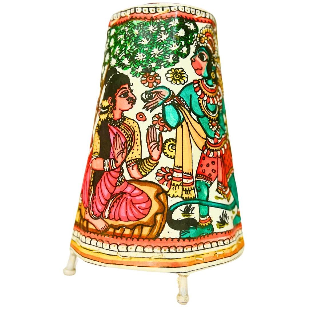 Pattachitra Art | Hand Painted Fabric Table Lamp - Round Base (Ramayan Scene) - Taalapatra