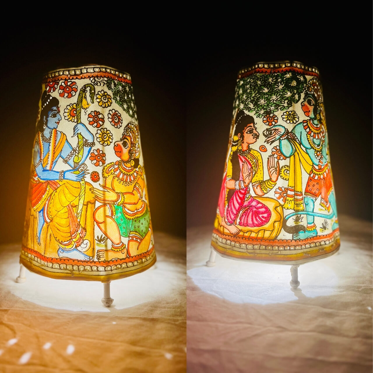 Pattachitra Art | Hand Painted Fabric Table Lamp - Round Base (Ramayan Scene) - Taalapatra Vibes