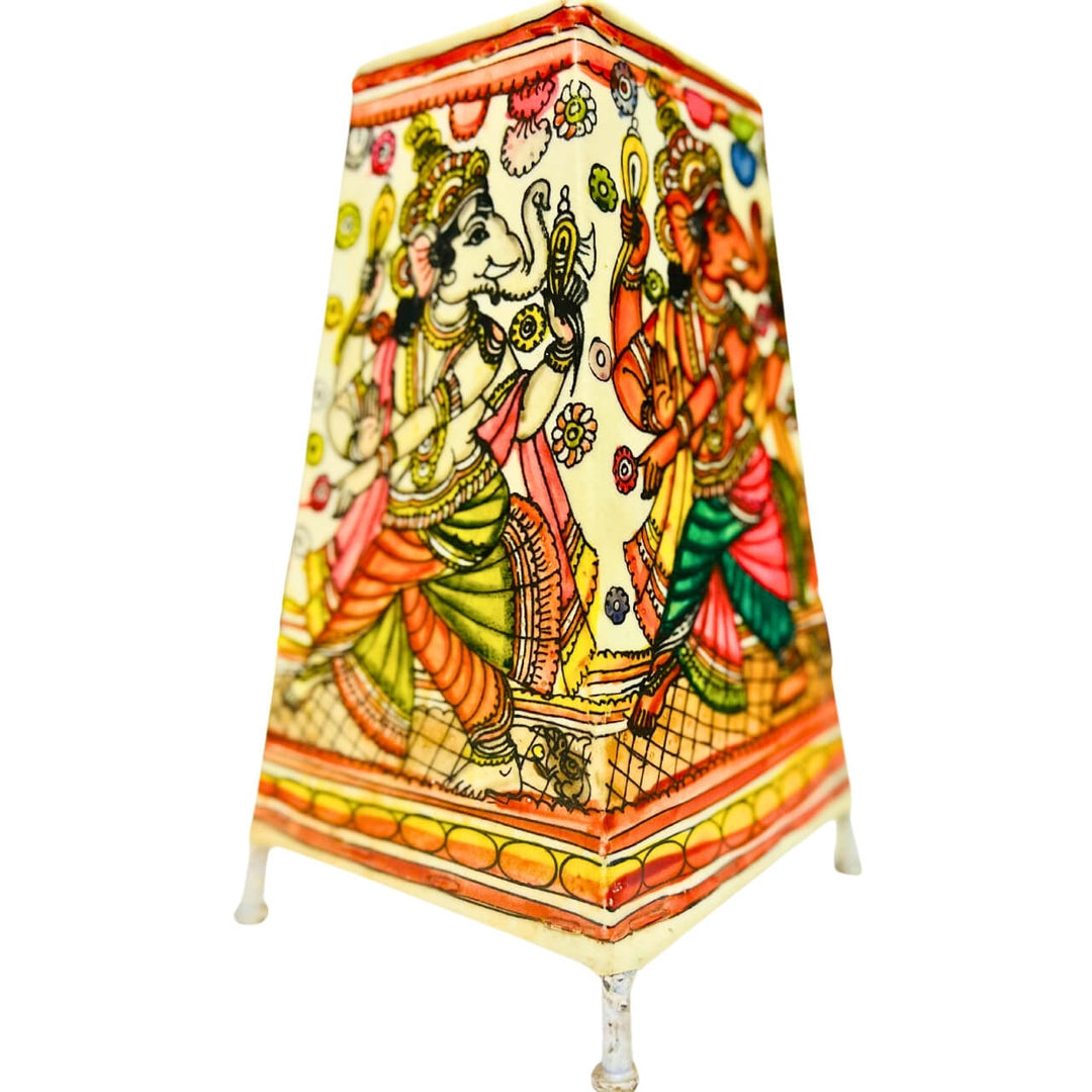 Pattachitra Art | Hand Painted Fabric Table Lamp - Square Base (Ganesha) - Taalapatra