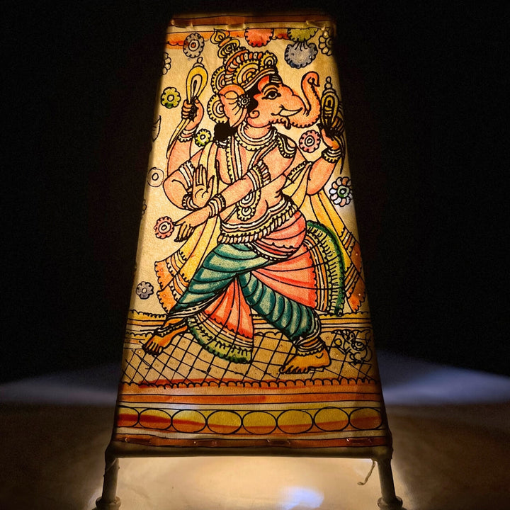 Pattachitra Art | Hand Painted Fabric Table Lamp - Square Base (Ganesha) - Taalapatra