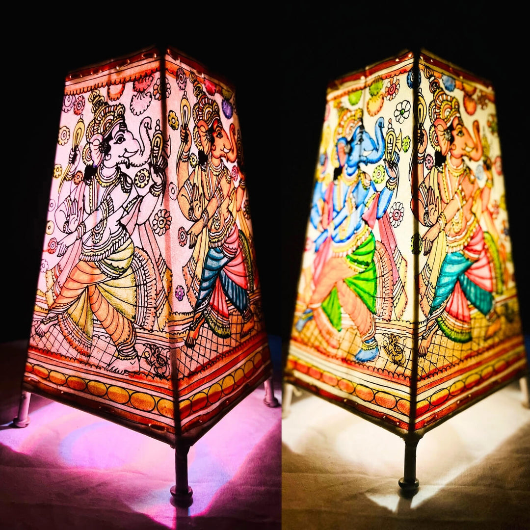 Pattachitra Art | Hand Painted Fabric Table Lamp - Square Base (Ganesha) - Taalapatra