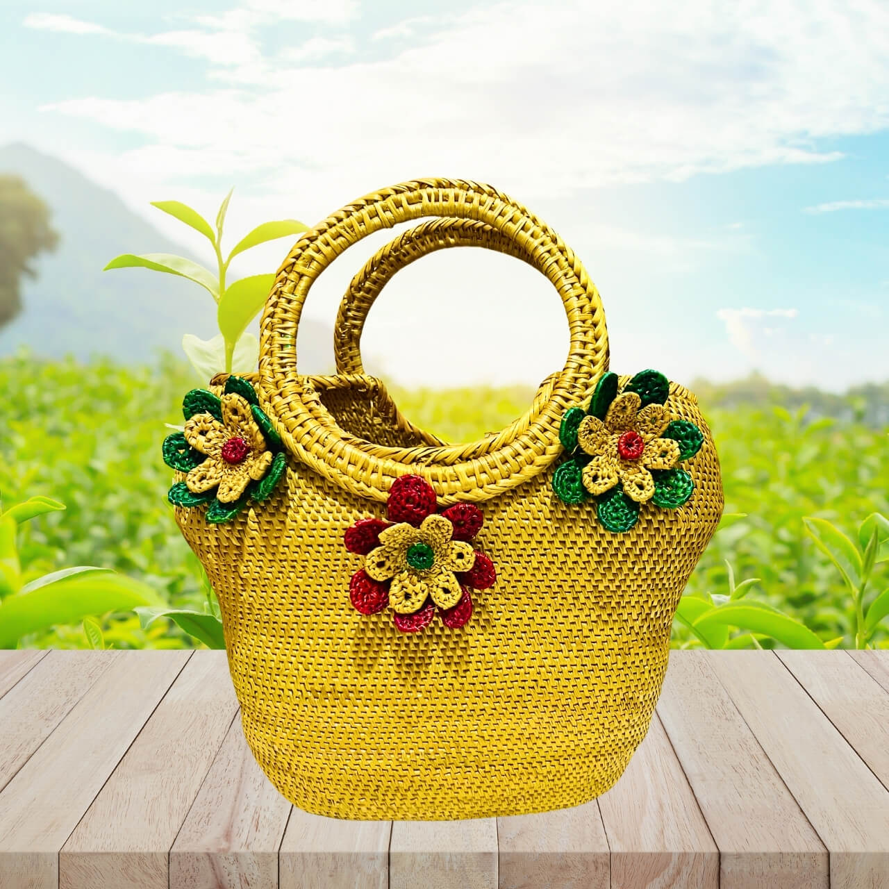 Handwoven Golden Grass | Hand Bag - Floral Design (Fixed Loop Handle) - Taalapatra Vibes