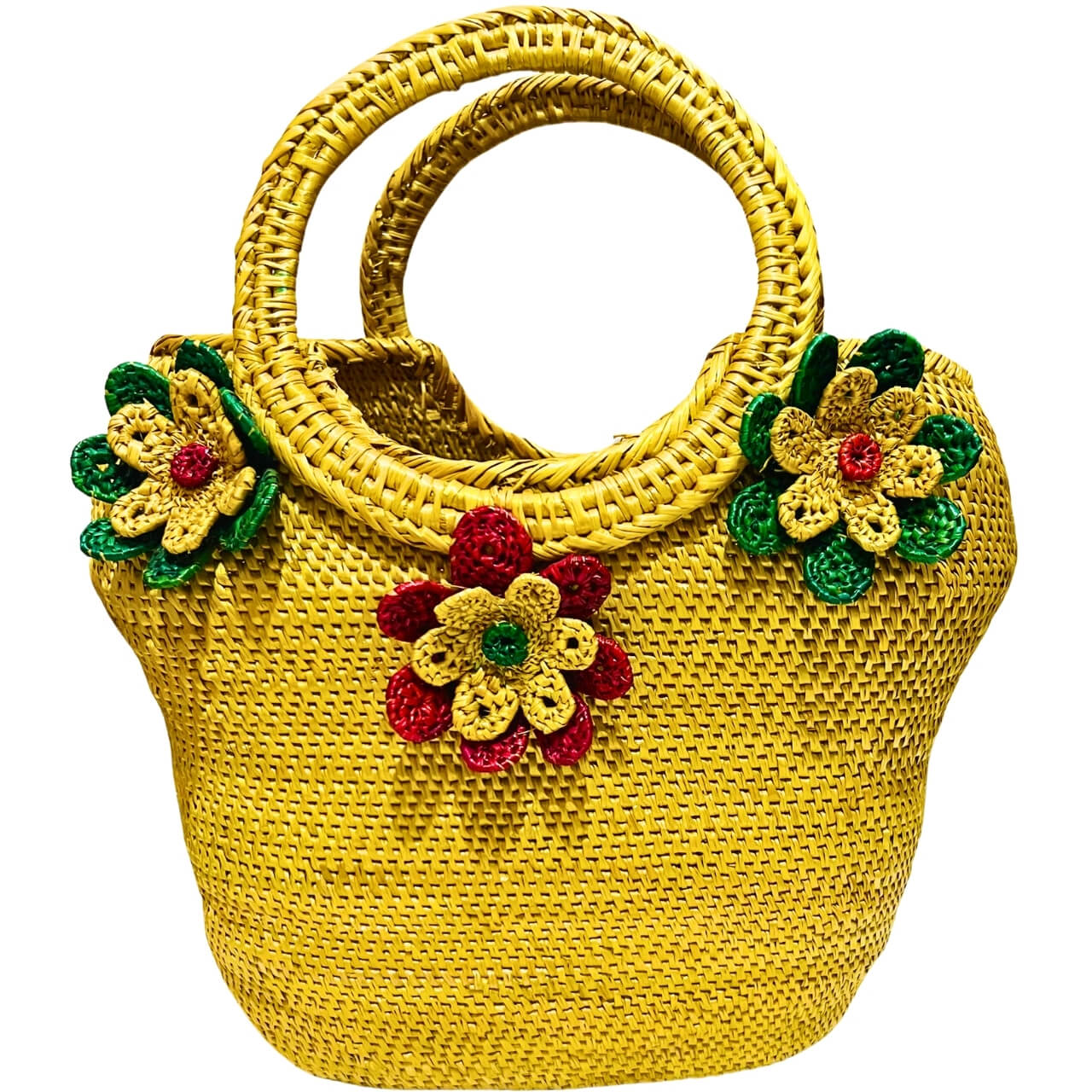 Handwoven Golden Grass | Hand Bag - Floral Design (Fixed Loop Handle) - Taalapatra Vibes