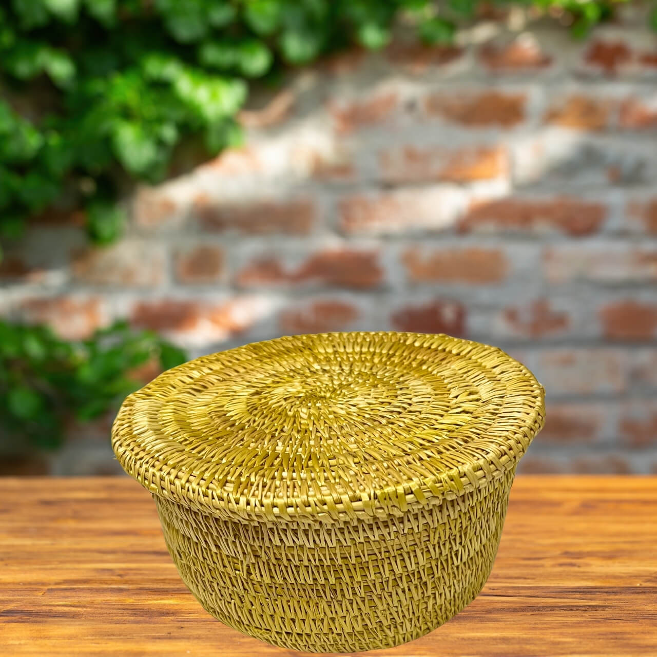 Handwoven Golden Grass | Round Storage Box with Lid - Medium (Natural Colour) - Taalapatra Vibes