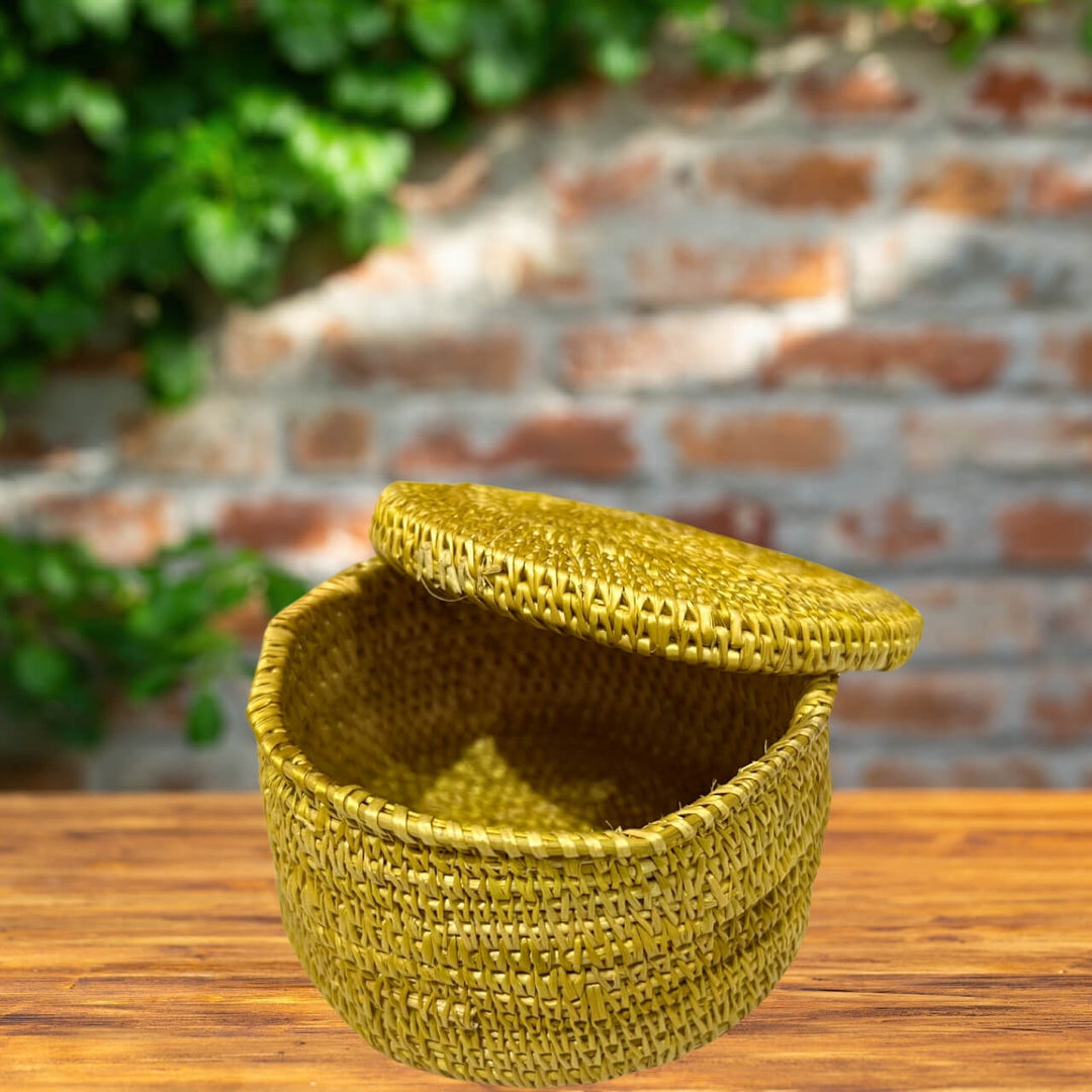 Handwoven Golden Grass | Round Storage Box with Lid - Set of 2 - Small (Natural Colour) - Taalapatra