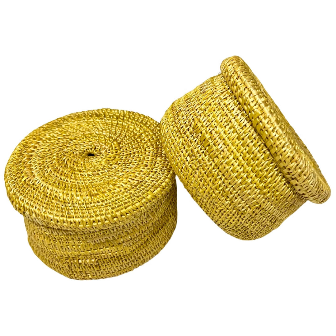 Handwoven Golden Grass | Round Storage Box with Lid - Set of 2 - Small (Natural Colour) - Taalapatra