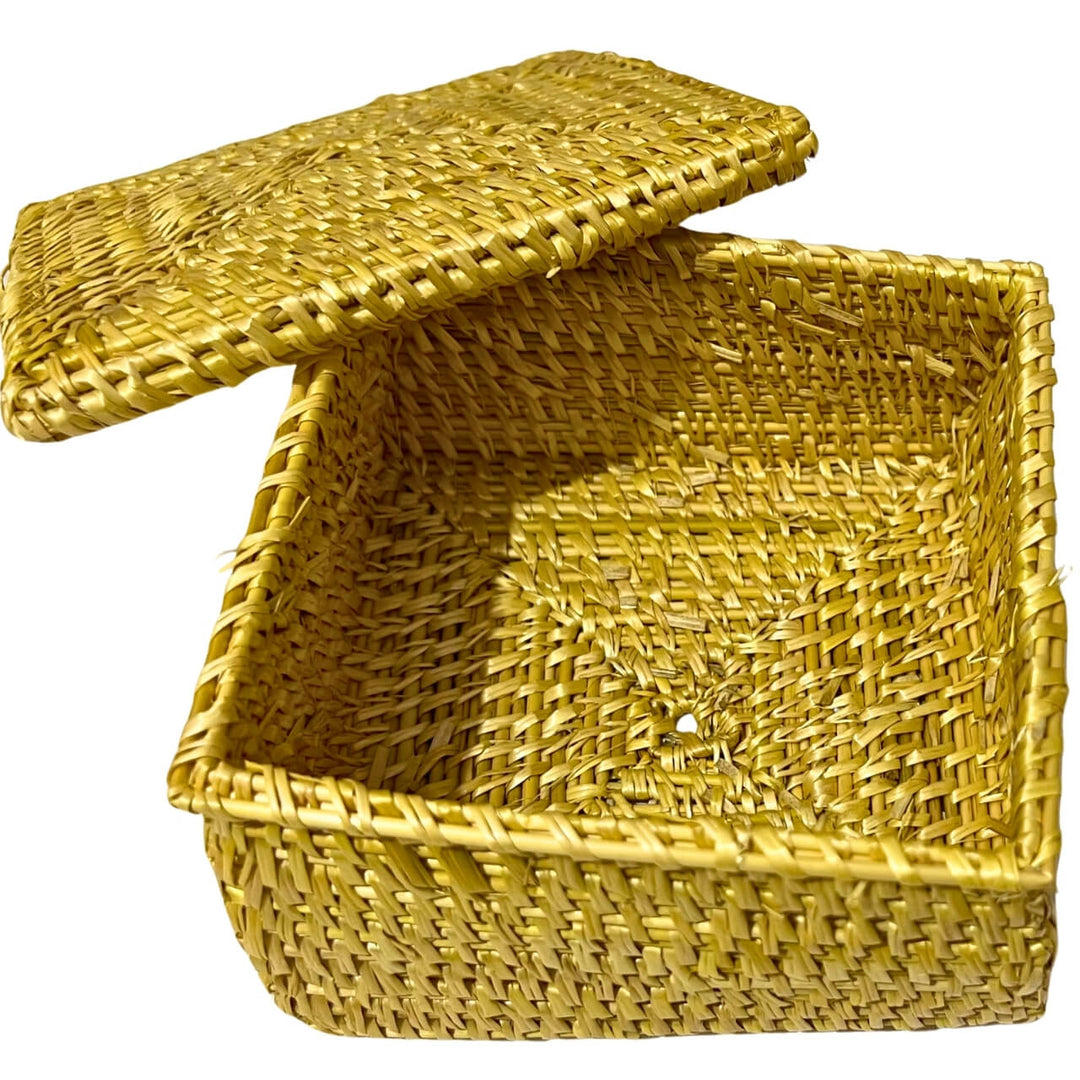 Handwoven Golden Grass | Square Storage Box with Lid - Medium (Natural Colour) - Taalapatra