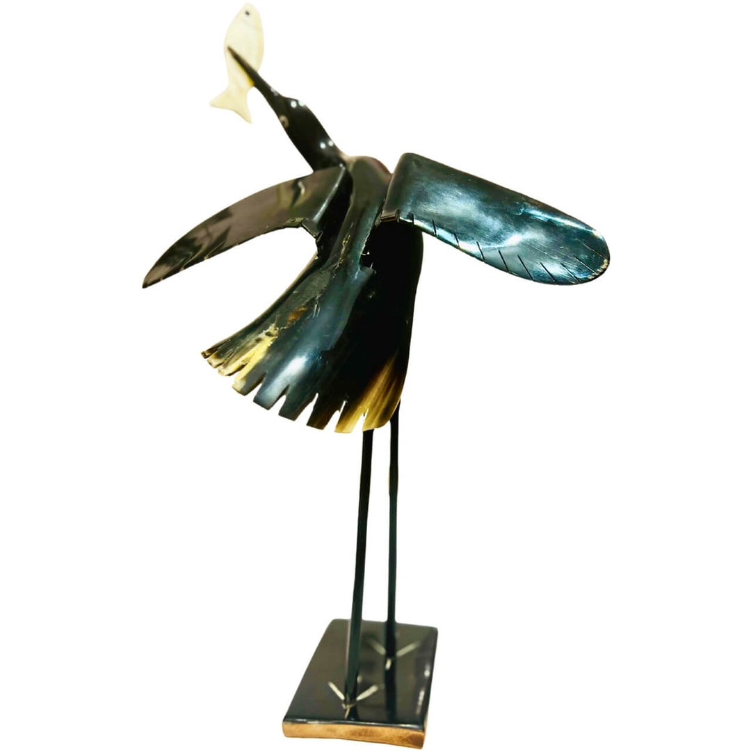 Horn Craft | Single Long Legged Heron Bird Catching Fish (Black and Grey) - Taalapatra