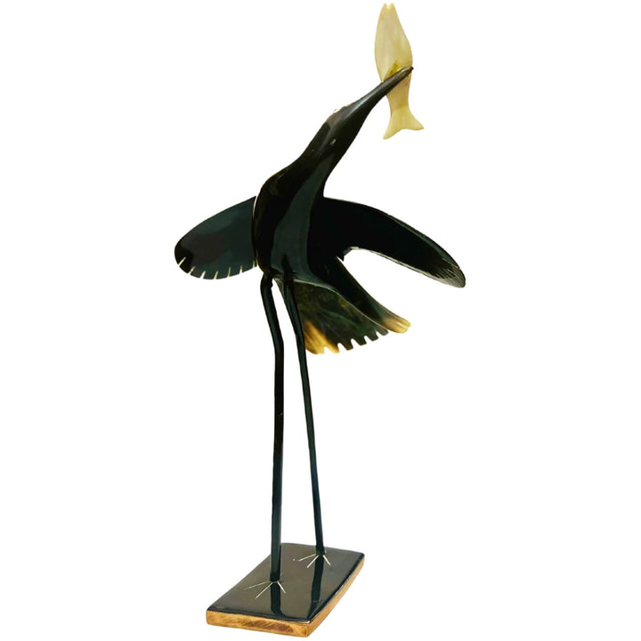 Horn Craft | Single Long Legged Heron Bird Catching Fish (Black and Grey) - Taalapatra