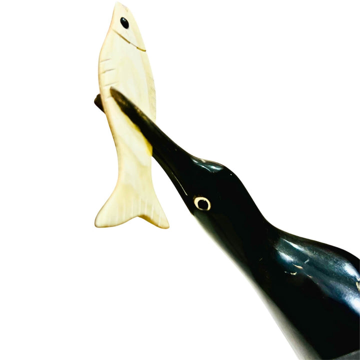 Horn Craft | Single Long Legged Heron Bird Catching Fish (Black and Grey) - Taalapatra