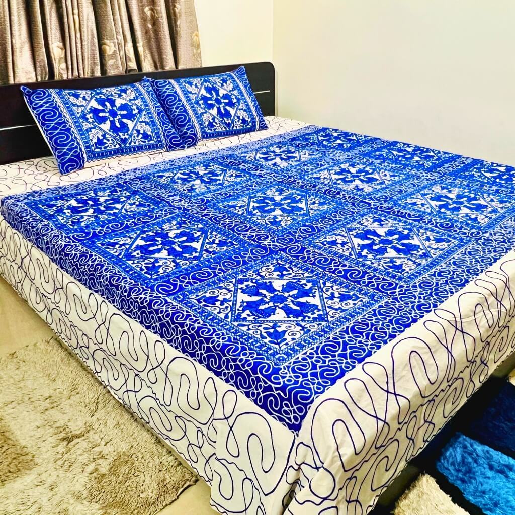 Embroidery Cotton Double Size Bedsheet | Dancing Women and Square Pattern - Navy Blue (with Pillow Cover) - Taalapatra