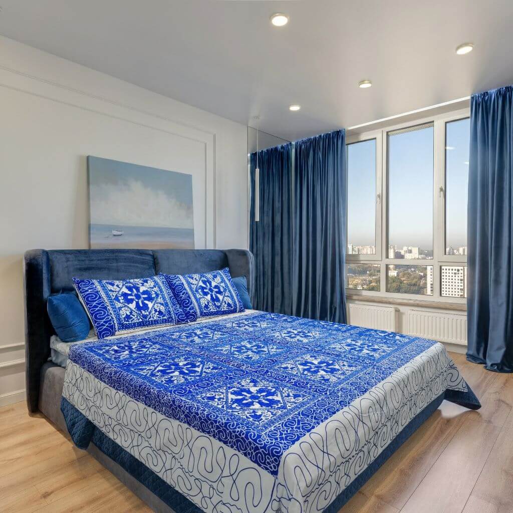 Embroidery Cotton Double Size Bedsheet | Floral Pattern - Red, Blue, Green & White on Blue BG - Taalapatra Vibes