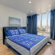 Embroidery Cotton Double Size Bedsheet | Dancing Women and Square Pattern - Navy Blue (with Pillow Cover) - Taalapatra Vibes