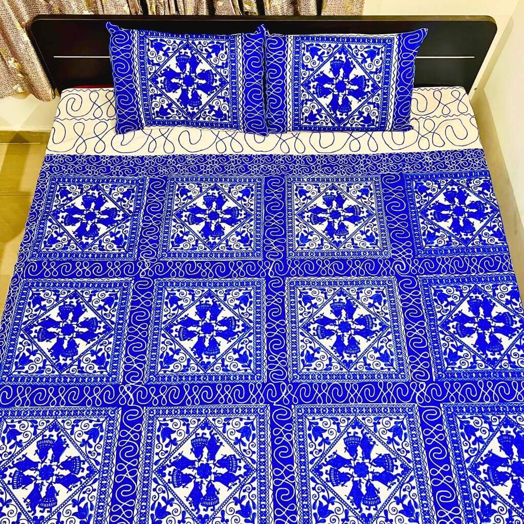 Embroidery Cotton Double Size Bedsheet | Dancing Women and Square Pattern - Navy Blue (with Pillow Cover) - Taalapatra