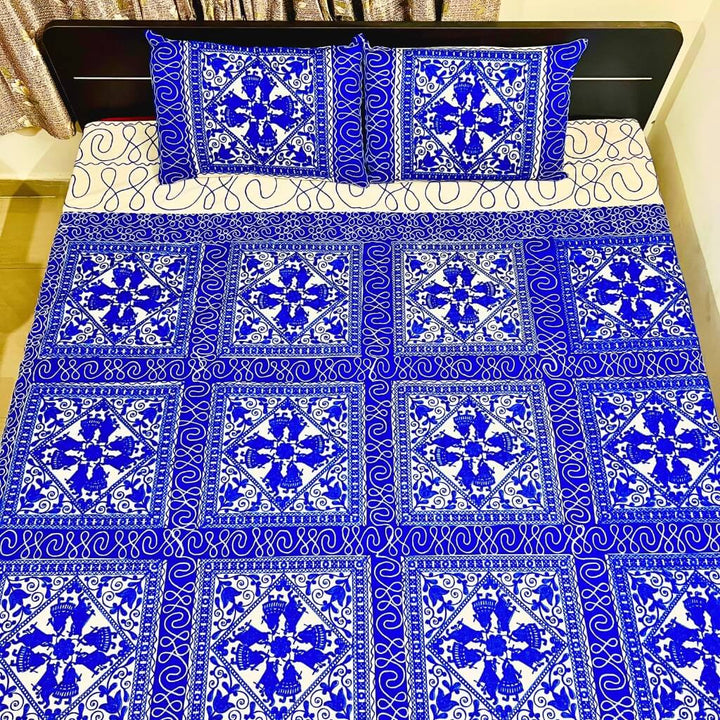 Embroidery Cotton Double Size Bedsheet | Dancing Women and Square Pattern - Navy Blue (with Pillow Cover) - Taalapatra
