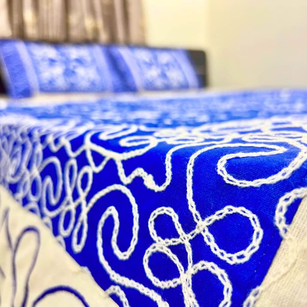 Embroidery Cotton Double Size Bedsheet | Dancing Women and Square Pattern - Navy Blue (with Pillow Cover) - Taalapatra Vibes