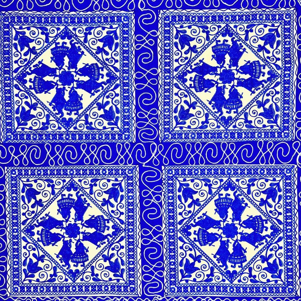 Embroidery Cotton Double Size Bedsheet | Dancing Women and Square Pattern - Navy Blue (with Pillow Cover) - Taalapatra
