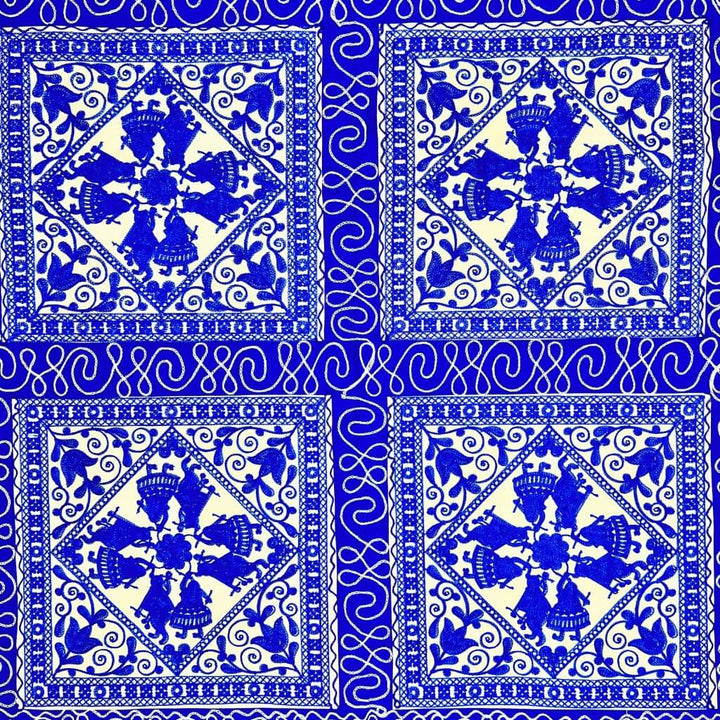 Embroidery Cotton Double Size Bedsheet | Dancing Women and Square Pattern - Navy Blue (with Pillow Cover) - Taalapatra
