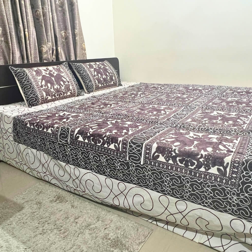 Embroidery Cotton Double Size Bedsheet | Elephants and Square Pattern - Cocoa Colour (with Pillow Cover) - Taalapatra