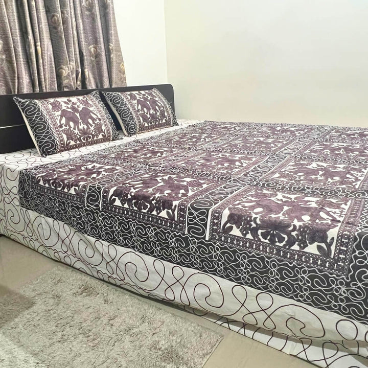 Embroidery Cotton Double Size Bedsheet | Elephants and Square Pattern - Cocoa Colour (with Pillow Cover) - Taalapatra