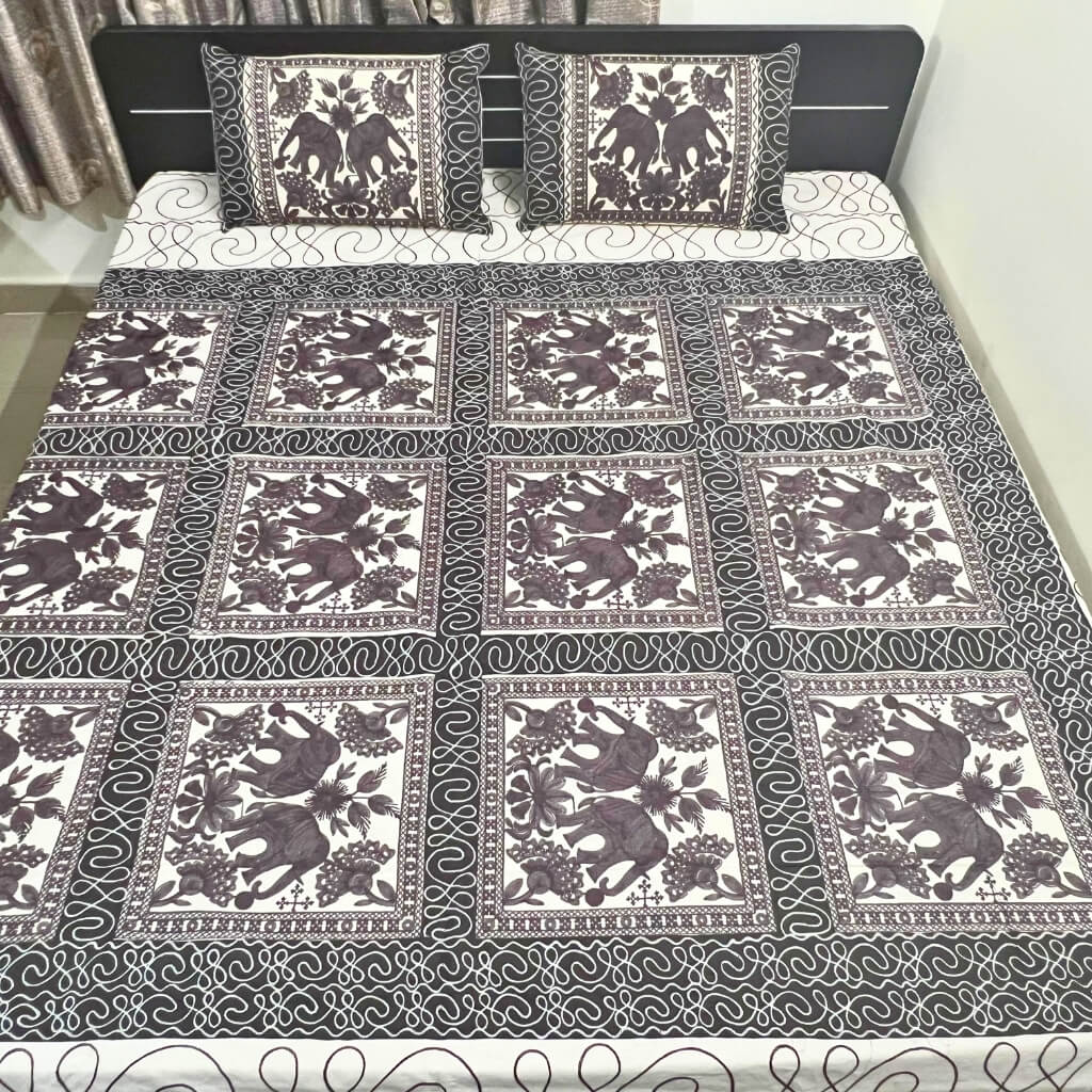 Embroidery Cotton Double Size Bedsheet | Elephants and Square Pattern - Cocoa Colour (with Pillow Cover) - Taalapatra
