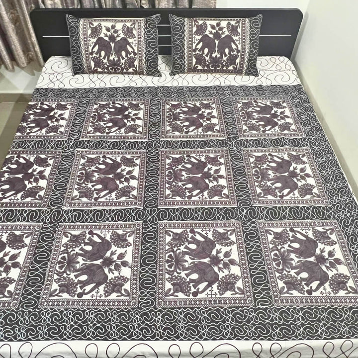 Embroidery Cotton Double Size Bedsheet | Elephants and Square Pattern - Cocoa Colour (with Pillow Cover) - Taalapatra