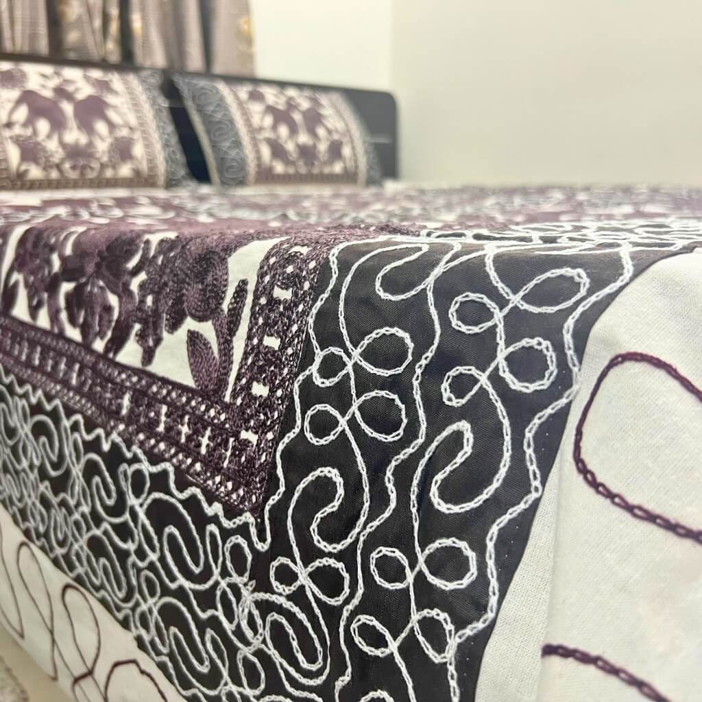 Embroidery Cotton Double Size Bedsheet | Elephants and Square Pattern - Cocoa Colour (with Pillow Cover) - Taalapatra