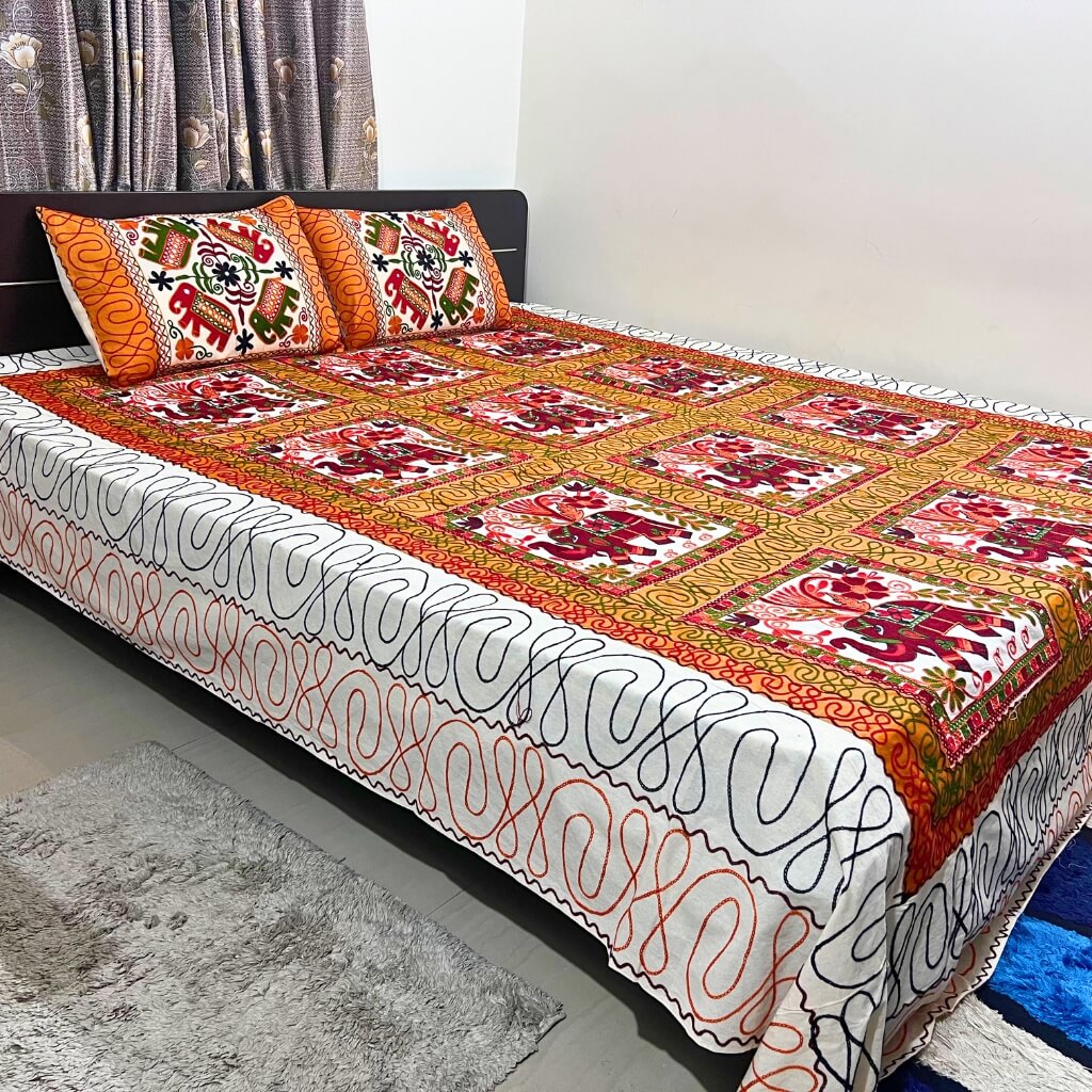 Embroidery Cotton Double Size Bedsheet | Elephants and Floral Pattern - Maroon & Yellow Colour (with Pillow Cover) - Taalapatra
