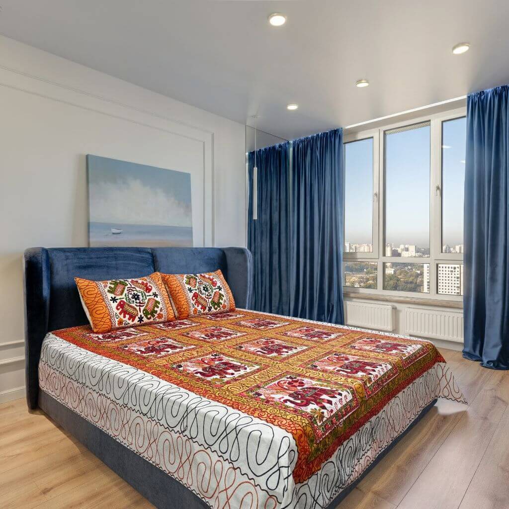 Embroidery Cotton Double Size Bedsheet | Elephants and Floral Pattern - Maroon & Yellow Colour (with Pillow Cover) - Taalapatra Vibes