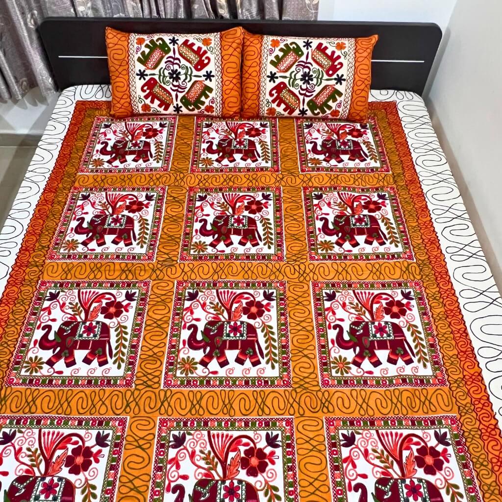 Embroidery Cotton Double Size Bedsheet | Elephants and Floral Pattern - Maroon & Yellow Colour (with Pillow Cover) - Taalapatra