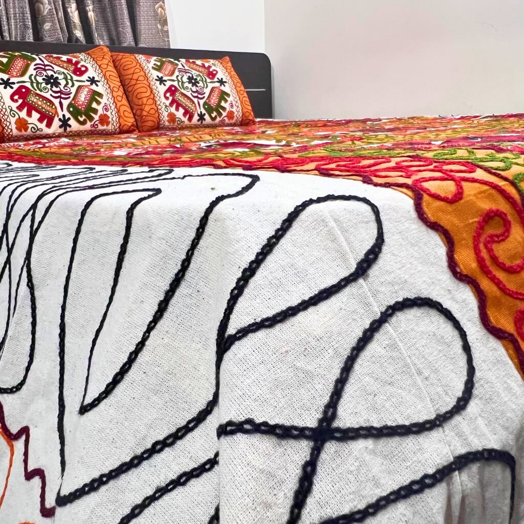 Embroidery Cotton Double Size Bedsheet | Elephants and Floral Pattern - Maroon & Yellow Colour (with Pillow Cover) - Taalapatra
