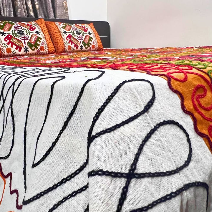 Embroidery Cotton Double Size Bedsheet | Elephants and Floral Pattern - Maroon & Yellow Colour (with Pillow Cover) - Taalapatra