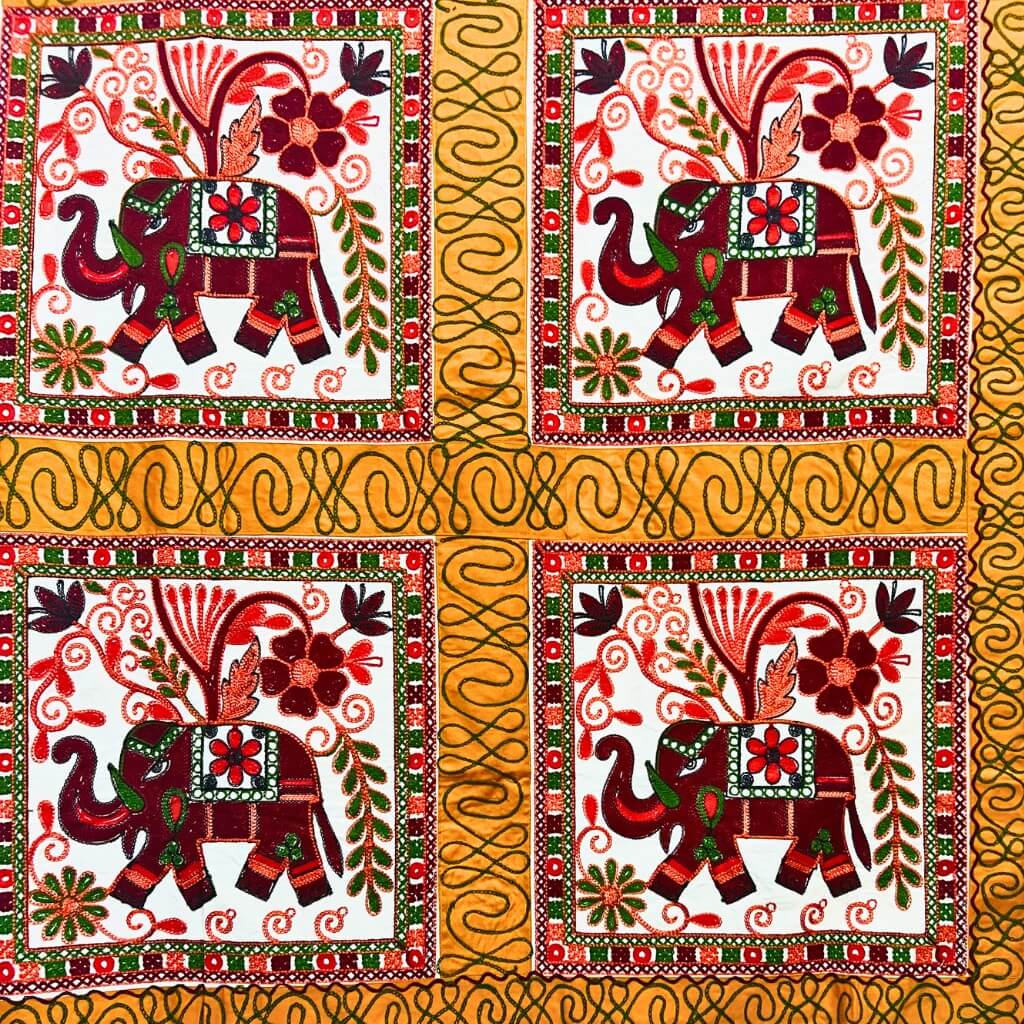 Embroidery Cotton Double Size Bedsheet | Elephants and Floral Pattern - Maroon & Yellow Colour (with Pillow Cover) - Taalapatra