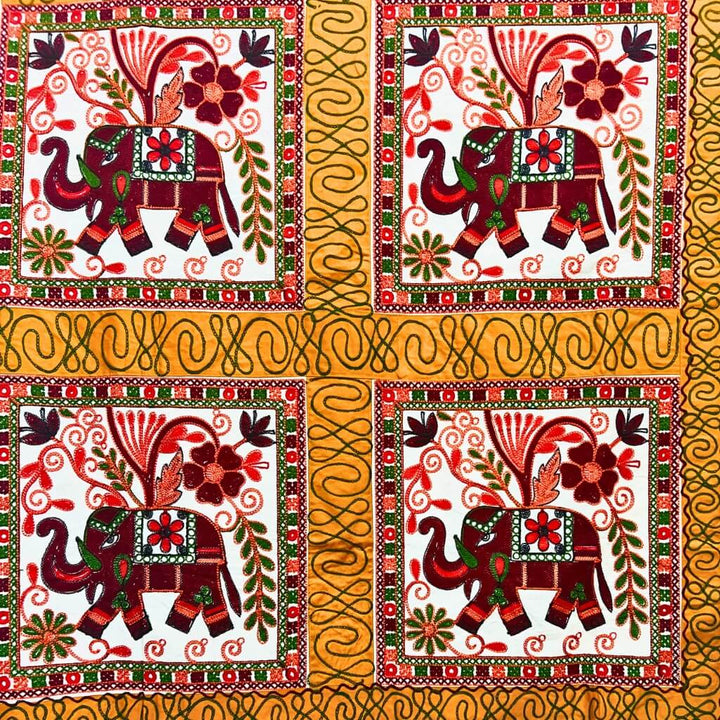 Embroidery Cotton Double Size Bedsheet | Elephants and Floral Pattern - Maroon & Yellow Colour (with Pillow Cover) - Taalapatra