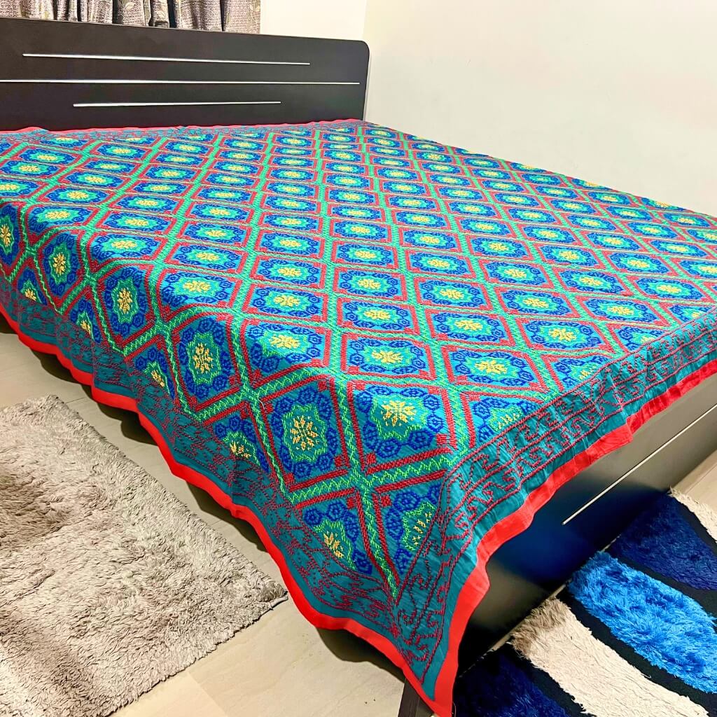 Embroidery Cotton Double Size Bedsheet | Floral Pattern - Red, Blue & Yellow on Green BG - Taalapatra