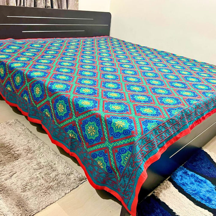 Embroidery Cotton Double Size Bedsheet | Floral Pattern - Red, Blue & Yellow on Green BG - Taalapatra