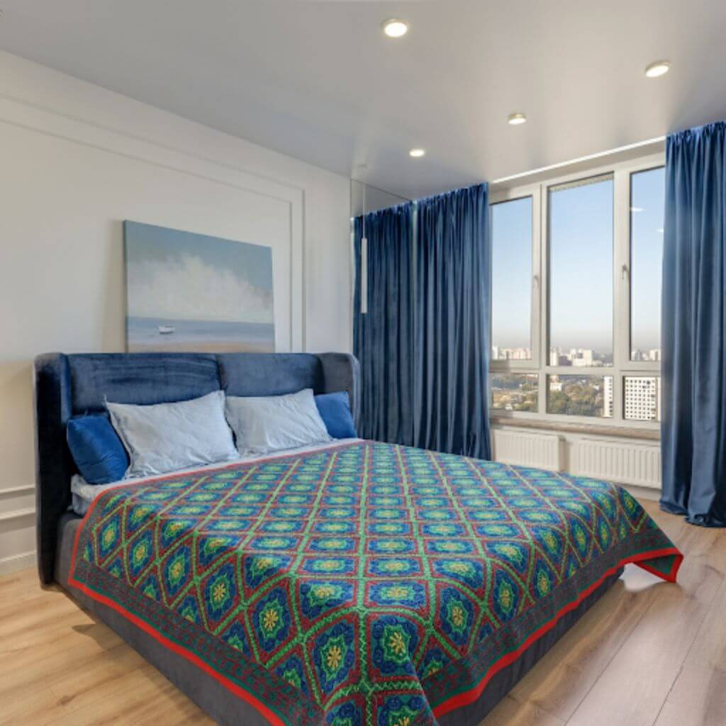 Embroidery Cotton Double Size Bedsheet | Floral Pattern - Red, Blue & Yellow on Green BG - Taalapatra Vibes