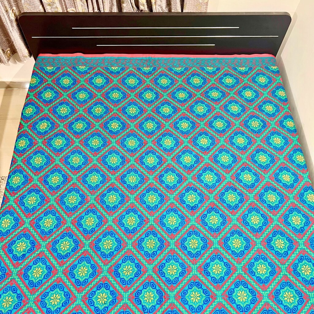 Embroidery Cotton Double Size Bedsheet | Floral Pattern - Red, Blue & Yellow on Green BG - Taalapatra Vibes